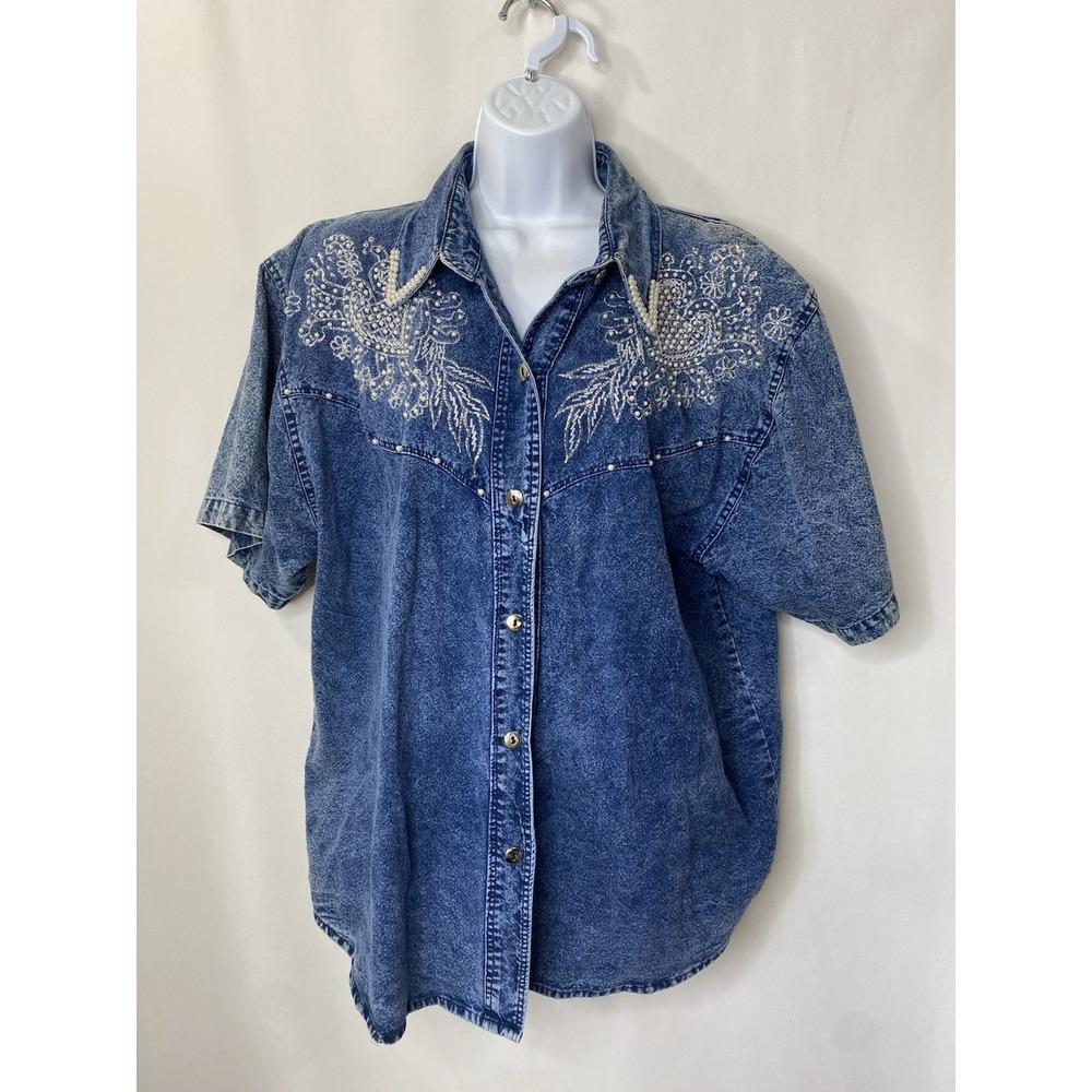 VTG Club Z Denim Shirt 1X  100% Cotton Acid Wash Pearls Sequins Shoulder Pads